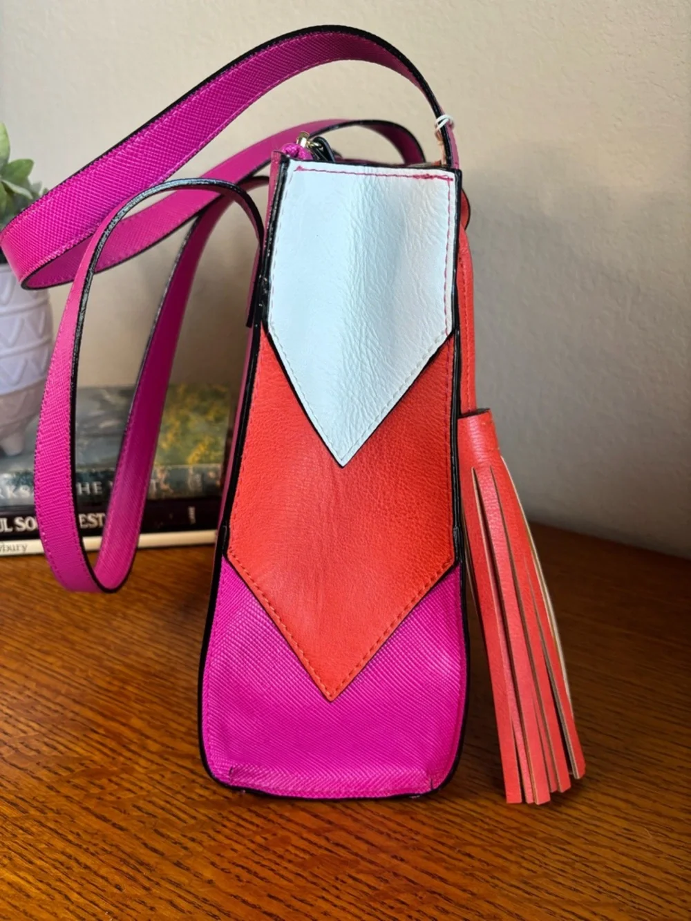 Gianni Bini Pink Shoulder Tote with White & Orange Accents - Picture 5 of 15